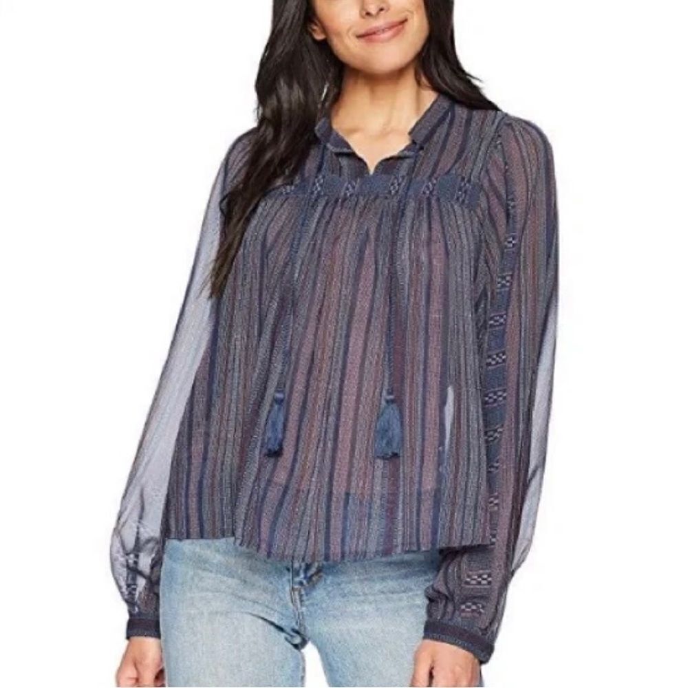 Lucky Brand Blue Striped Boho Balloon Sleeve Peasant Blouse